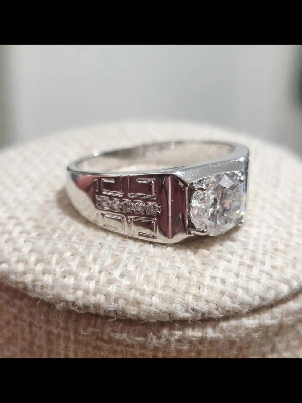 Men's White Gold Ring with Large Moissanite Stone